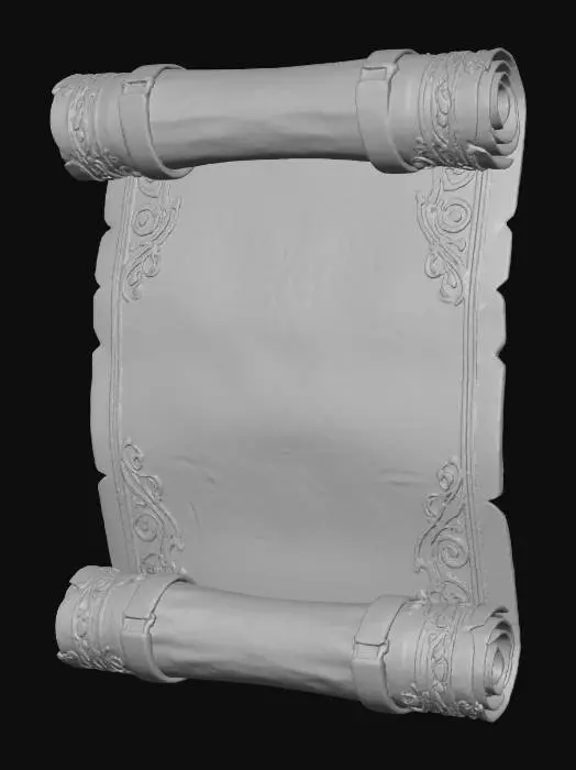 3D model for create a fantasy style parchment,  its rolled at the top and bottom but open in the middle, with plain section, no text