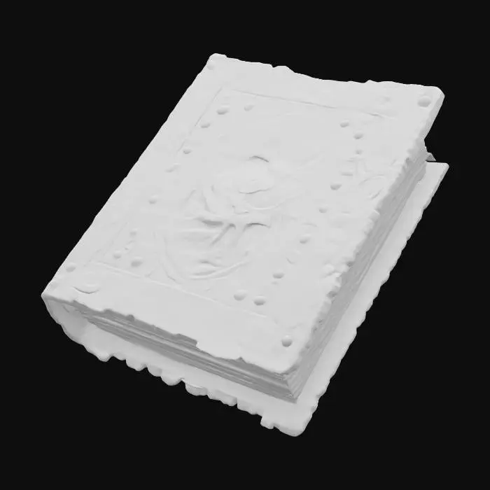 3D model for A majestic cartoon-style ancient spellbook with a sturdy, adventurous look. The cover is carved from rugged volcanic-gray redwood, its grain clearly visible and its edges slightly worn. A massive metal plate with a sunset-orange sheen is set in the center, engraved with simplified ancient runes. The pages are thick, pale aqua-green, and slightly curled at the edges, giving the whole book a solid, time-worn epic feel.