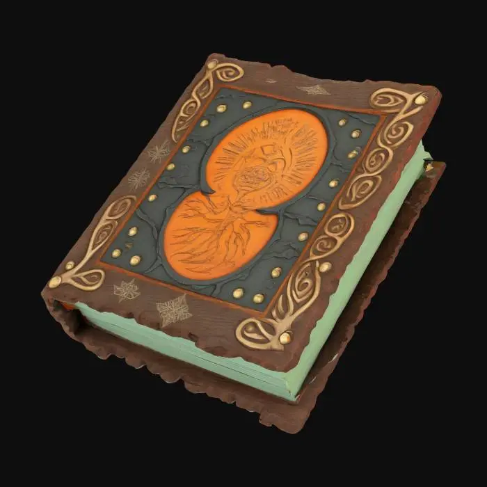 3D model for A majestic cartoon-style ancient spellbook with a sturdy, adventurous look. The cover is carved from rugged volcanic-gray redwood, its grain clearly visible and its edges slightly worn. A massive metal plate with a sunset-orange sheen is set in the center, engraved with simplified ancient runes. The pages are thick, pale aqua-green, and slightly curled at the edges, giving the whole book a solid, time-worn epic feel.