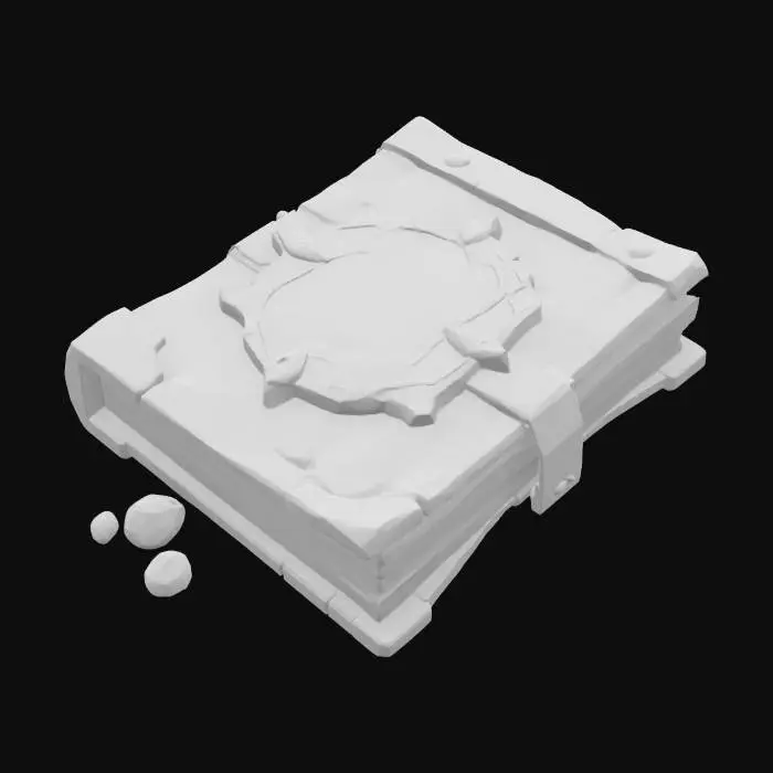 3D model for A majestic cartoon-style ancient spellbook with a sturdy, adventurous look. The cover is carved from rugged ivory-white birch, its grain clearly visible and its edges slightly worn. A massive metal plate with a deep verdigris green sheen is set in the center, engraved with simplified ancient runes. The pages are thick, warm ochre-brown, and slightly curled at the edges, giving the whole book a solid, time-worn epic feel.