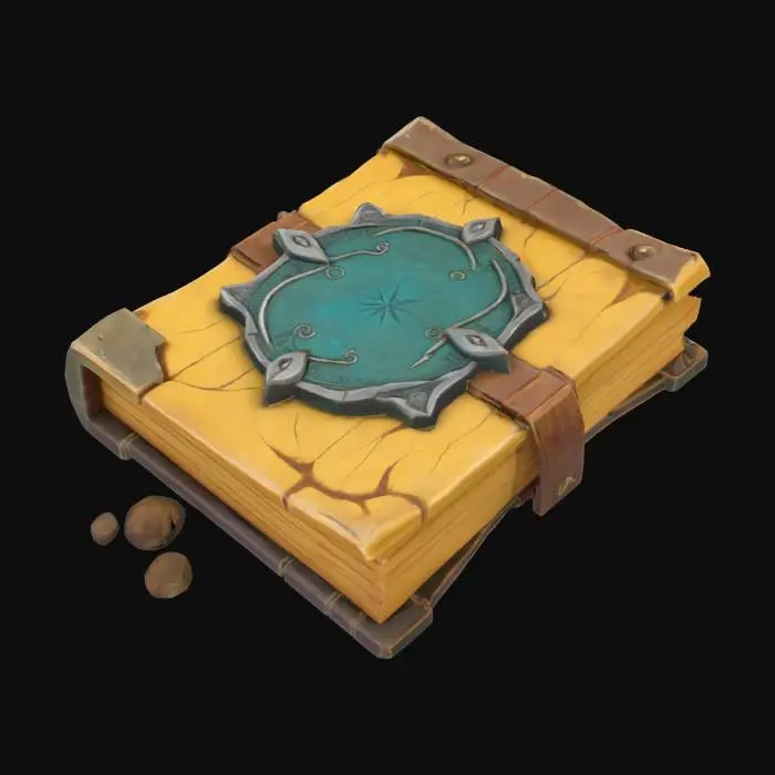 3D model for A majestic cartoon-style ancient spellbook with a sturdy, adventurous look. The cover is carved from rugged ivory-white birch, its grain clearly visible and its edges slightly worn. A massive metal plate with a deep verdigris green sheen is set in the center, engraved with simplified ancient runes. The pages are thick, warm ochre-brown, and slightly curled at the edges, giving the whole book a solid, time-worn epic feel.