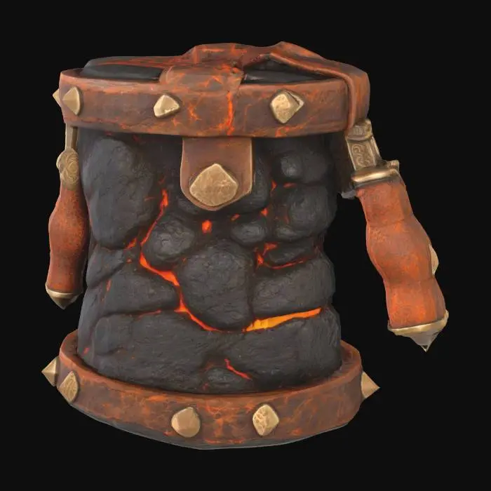 3D model for A 3D render of a Viking bellows with cracked volcanic rock casing and molten lava-filled seams, stitched leather body with charred wood handles, metal studs glowing faintly, PBR shader, clean background
