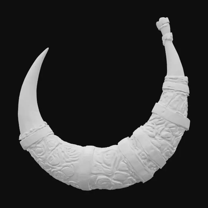 3D model for A stylized 3D model of a Viking horn drinking vessel, body carved from volcanic rock with glowing rune-like lava lines, metal bindings darkened by heat, PBR material, simple black backdrop
