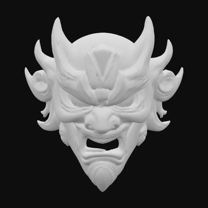 3D model for A formidable Oni mask, intricately carved from deep forest-green jade, its surface polished to an exceptionally smooth, cool finish that reflects light with a subtle, waxy sheen. Its stylized, fierce features, including prominent fangs and brows, are sharply defined, emphasizing the jade's dense, hard quality. Faint, dark emerald veins naturally flow through the stone, adding depth to its powerful and ancient appearance.