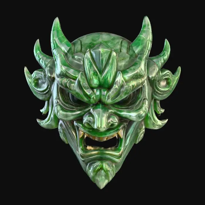 3D model for A formidable Oni mask, intricately carved from deep forest-green jade, its surface polished to an exceptionally smooth, cool finish that reflects light with a subtle, waxy sheen. Its stylized, fierce features, including prominent fangs and brows, are sharply defined, emphasizing the jade's dense, hard quality. Faint, dark emerald veins naturally flow through the stone, adding depth to its powerful and ancient appearance.