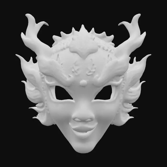 3D model for A unique Geisha mask, featuring a base of matte, subtly textured jade-green ceramic, feeling cool and slightly rough. However, its decorative elements are exceptionally shiny. Gleaming, polished gold dragon scales are intricately laid out across the temples and cheekbones, catching light with a rich metallic luster. The lips and eye outlines are adorned with highly reflective silver paint, creating sharp, contrasting PBR highlights against the muted green.