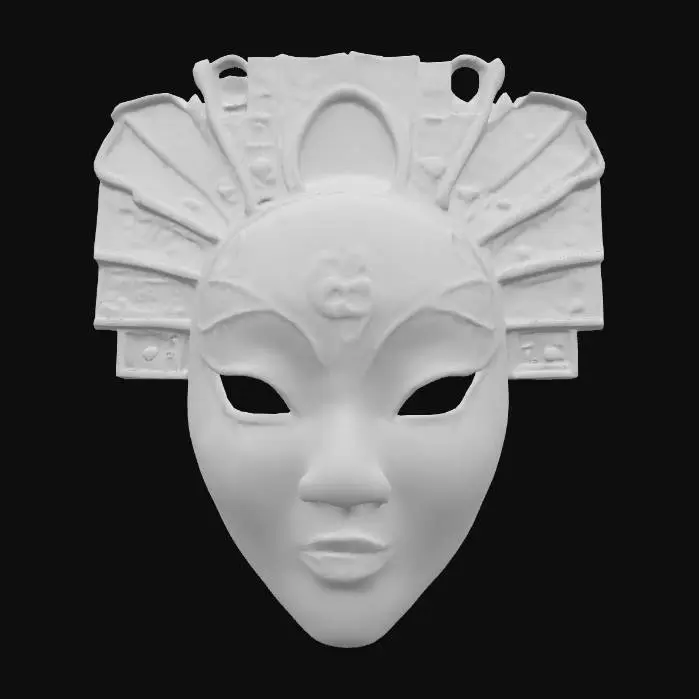 3D model for An opulent Geisha mask, sculpted from deep black lacquered wood, reflecting ambient light with an intense, fluid sheen that feels slick and hard. Its elegant features are enhanced by subtly raised, intricate patterns of silver and gold filigree across the forehead and chin, providing a delicate, contrasting metallic texture. Small, polished mother-of-pearl inlays around the eyes shimmer with an iridescent glow, contributing to its luxurious, PBR-friendly appearance.