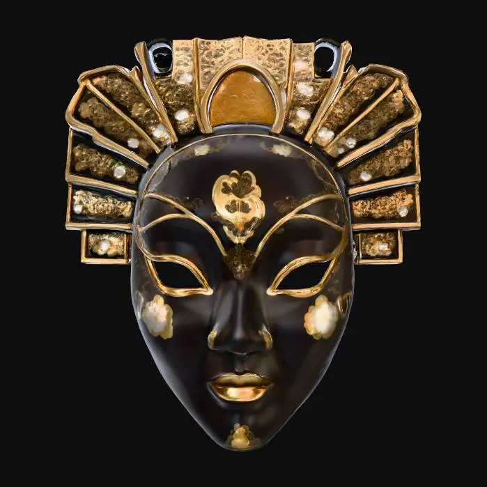 3D model for An opulent Geisha mask, sculpted from deep black lacquered wood, reflecting ambient light with an intense, fluid sheen that feels slick and hard. Its elegant features are enhanced by subtly raised, intricate patterns of silver and gold filigree across the forehead and chin, providing a delicate, contrasting metallic texture. Small, polished mother-of-pearl inlays around the eyes shimmer with an iridescent glow, contributing to its luxurious, PBR-friendly appearance.