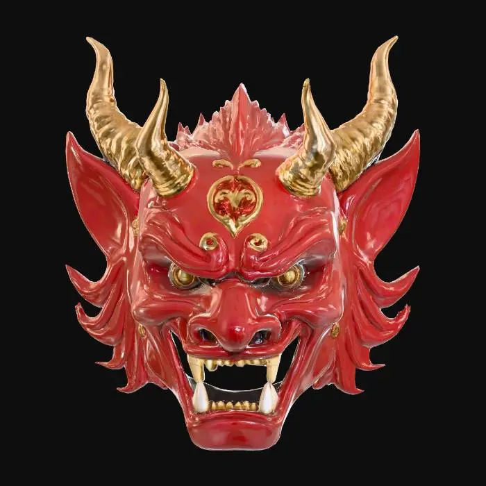 3D model for A majestic Oni mask, crafted from high-gloss lacquered wood, its deep crimson surface reflecting light like a polished mirror, feeling slick and hard. Its exaggerated, furious expression is highlighted by sharp, gilded fangs and horns that gleam with a metallic luster. Intricate, raised gold patterns adorn the brow and cheeks, contrasting with the smooth, vibrant lacquer, creating a luxurious yet menacing appearance ideal for PBR.