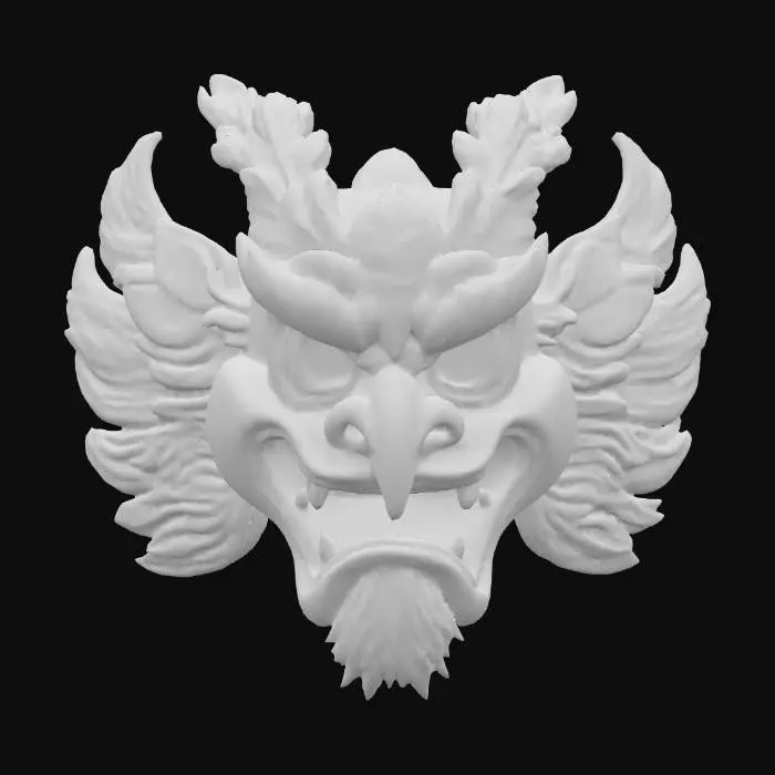 3D model for A commanding Tengu mask, meticulously carved from dark, richly stained and highly polished cedar wood, its surface incredibly smooth and slick to the touch, reflecting ambient light with a deep, subtle glow. Its prominent long nose and stern features are highlighted by gleaming silver inlays that trace intricate feather patterns, providing a bright, cool metallic contrast against the deep reddish-brown wood.