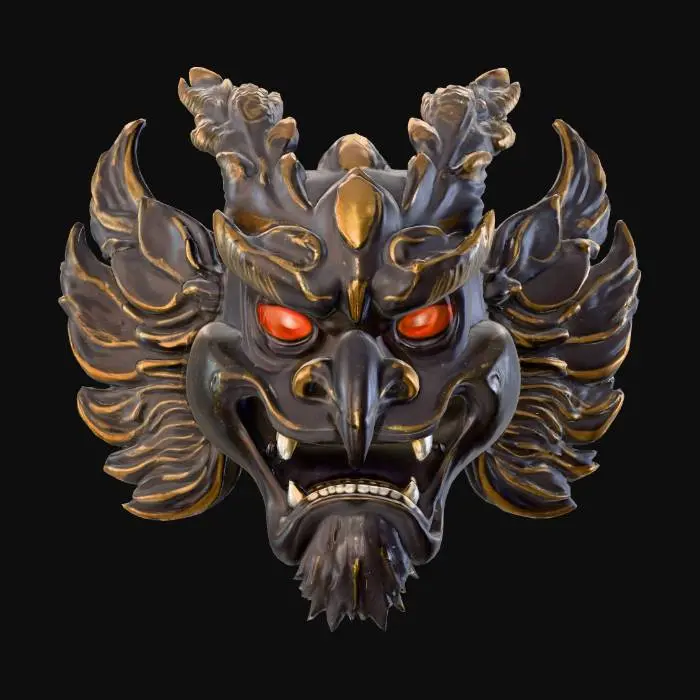 3D model for A commanding Tengu mask, meticulously carved from dark, richly stained and highly polished cedar wood, its surface incredibly smooth and slick to the touch, reflecting ambient light with a deep, subtle glow. Its prominent long nose and stern features are highlighted by gleaming silver inlays that trace intricate feather patterns, providing a bright, cool metallic contrast against the deep reddish-brown wood.