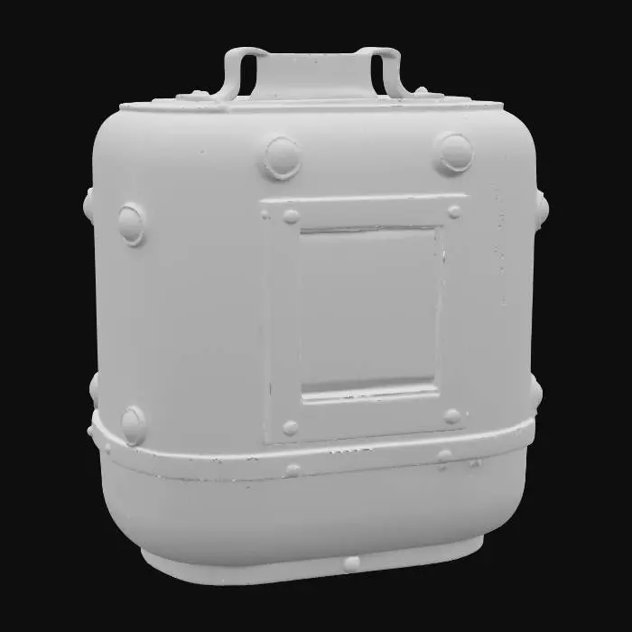 3D model for A stout, cuboid-shaped apothecary vessel, crafted from patinated copper, heavily covered in greenish verdigris and scattered aged rust spots. Its sharp edges are detailed with worn brass rivets and narrow filigree strips. The front face features a square, deep red glass pane, seamlessly inset and held by a brushed brass frame. The object feels weighty and cool, with a rough, textured surface contrasting with the smooth glass.