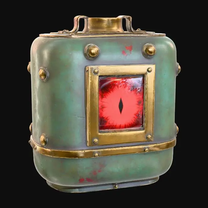 3D model for A stout, cuboid-shaped apothecary vessel, crafted from patinated copper, heavily covered in greenish verdigris and scattered aged rust spots. Its sharp edges are detailed with worn brass rivets and narrow filigree strips. The front face features a square, deep red glass pane, seamlessly inset and held by a brushed brass frame. The object feels weighty and cool, with a rough, textured surface contrasting with the smooth glass.