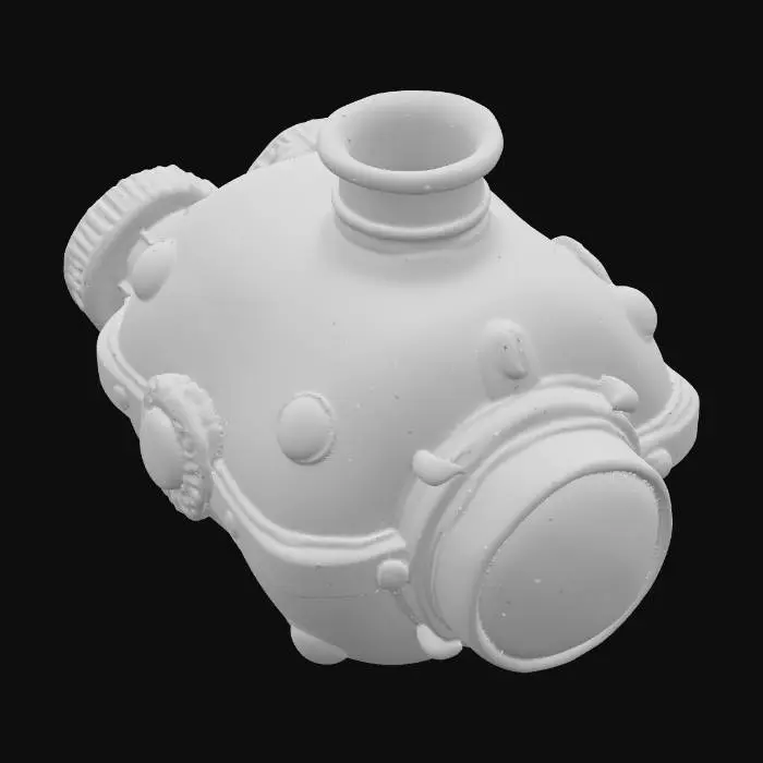 3D model for A squat, round-bodied apothecary bottle, predominantly aged copper, heavily blanketed by a thick, greenish-blue verdigris patina. Its surface is accented with numerous weathered brass rivets and intricate filigree bands that wrap around the form. A prominent, glossy red glass lens is deeply set into the front, framed by a textured, hammered brass ring. The bottle feels robust and cool, with a varied texture from the rough patina to the smooth glass.