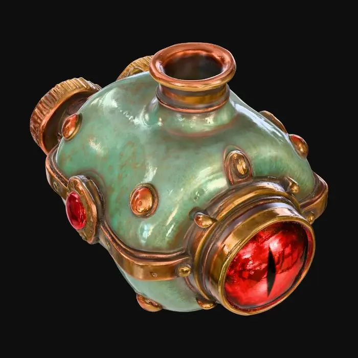3D model for A squat, round-bodied apothecary bottle, predominantly aged copper, heavily blanketed by a thick, greenish-blue verdigris patina. Its surface is accented with numerous weathered brass rivets and intricate filigree bands that wrap around the form. A prominent, glossy red glass lens is deeply set into the front, framed by a textured, hammered brass ring. The bottle feels robust and cool, with a varied texture from the rough patina to the smooth glass.