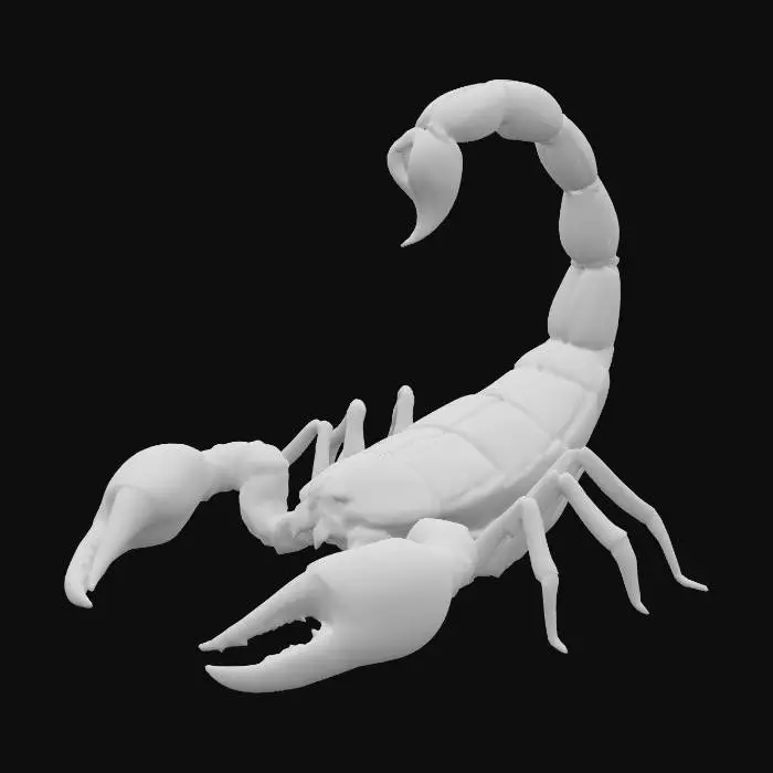 3D model for A hyper-realistic sculpture of a menacing scorpion crafted from deep, iridescent carnival glass. Its curved, segmented tail arches high over its back, the stinger glowing with molten ruby and gold highlights. Each armored plate along the body refracts shifting rainbow oil-slick hues—emerald, magenta, cobalt, and amber—while the sharp, jointed legs gleam with a polished PBR sheen. The pincers are carved with subtle swirling patterns, scattering iridescent reflections as if alive. White background.


















