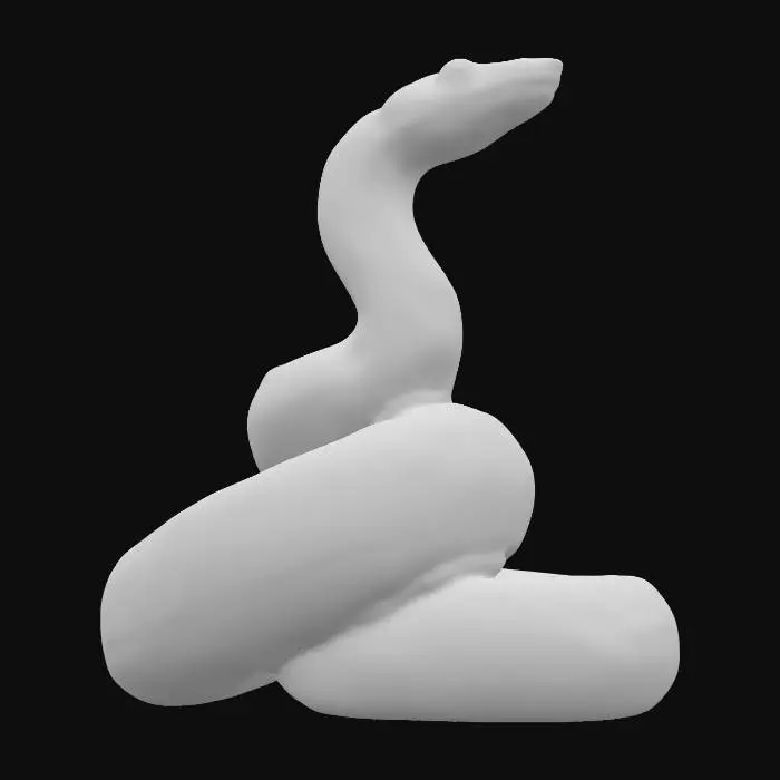 3D model for A sinuous ceramic snake figurine, elegantly coiled with its head gracefully lifted, ready to strike or observe. Its cylindrical, winding body is covered in a glossy two-tone glaze: a deep, polished dark brown forms intricate patterns along its back, contrasting with a creamy beige for its smooth underbelly. The sculpted form is flawlessly smooth and cool, reflecting ambient light with a liquid sheen, embodying stealth and fluid movement.