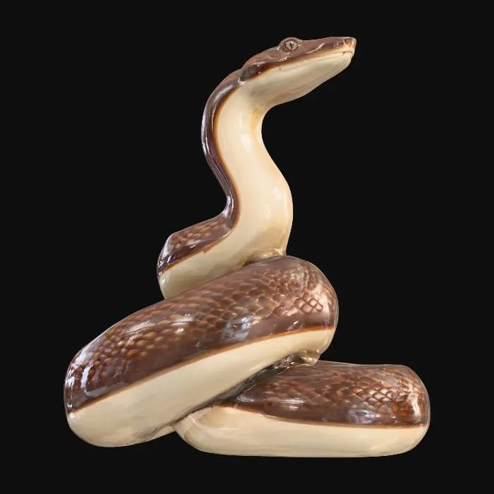 3D model for A sinuous ceramic snake figurine, elegantly coiled with its head gracefully lifted, ready to strike or observe. Its cylindrical, winding body is covered in a glossy two-tone glaze: a deep, polished dark brown forms intricate patterns along its back, contrasting with a creamy beige for its smooth underbelly. The sculpted form is flawlessly smooth and cool, reflecting ambient light with a liquid sheen, embodying stealth and fluid movement.