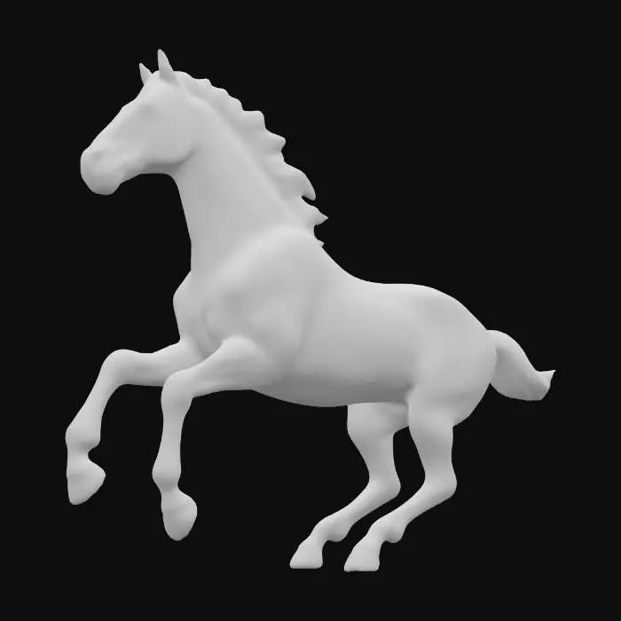 3D model for A glossy ceramic sculpture of a running horse mid-gallop, smooth fluid body lines, two-tone glazed finish of chocolate brown and warm ivory, shining reflective surface, elegant artisan style, studio photography render, dark gradient background.
