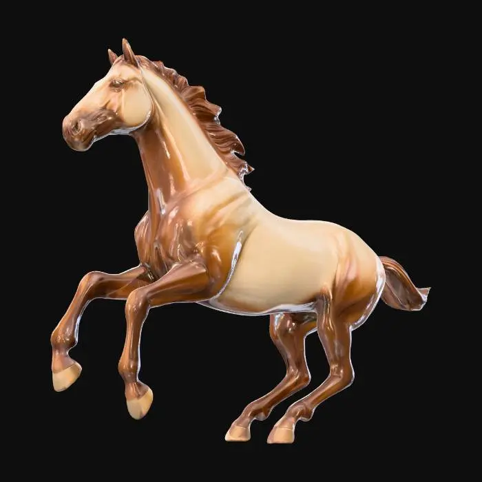3D model for A glossy ceramic sculpture of a running horse mid-gallop, smooth fluid body lines, two-tone glazed finish of chocolate brown and warm ivory, shining reflective surface, elegant artisan style, studio photography render, dark gradient background.
