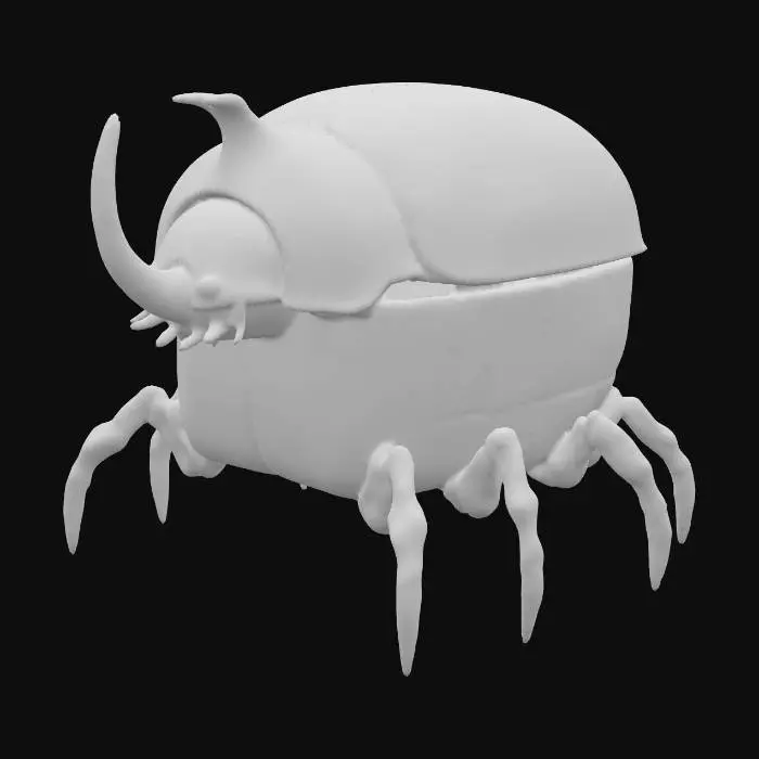 3D model for A robust, stylized beetle-shaped container, with a heavily chipped yellow upper shell featuring faded black stenciled markings. Its lower body is comprised of two hinged panels, each painted with stark black and white diagonal hazard stripes, showing wear and scuffs. Six segmented, gnarled brown metallic legs extend from its sides, and a prominent, ridged horn juts from its head. The container feels cold and solid, with a rough, distressed texture.