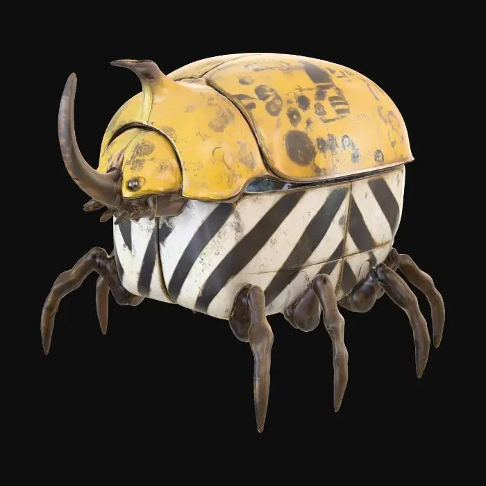 3D model for A robust, stylized beetle-shaped container, with a heavily chipped yellow upper shell featuring faded black stenciled markings. Its lower body is comprised of two hinged panels, each painted with stark black and white diagonal hazard stripes, showing wear and scuffs. Six segmented, gnarled brown metallic legs extend from its sides, and a prominent, ridged horn juts from its head. The container feels cold and solid, with a rough, distressed texture.