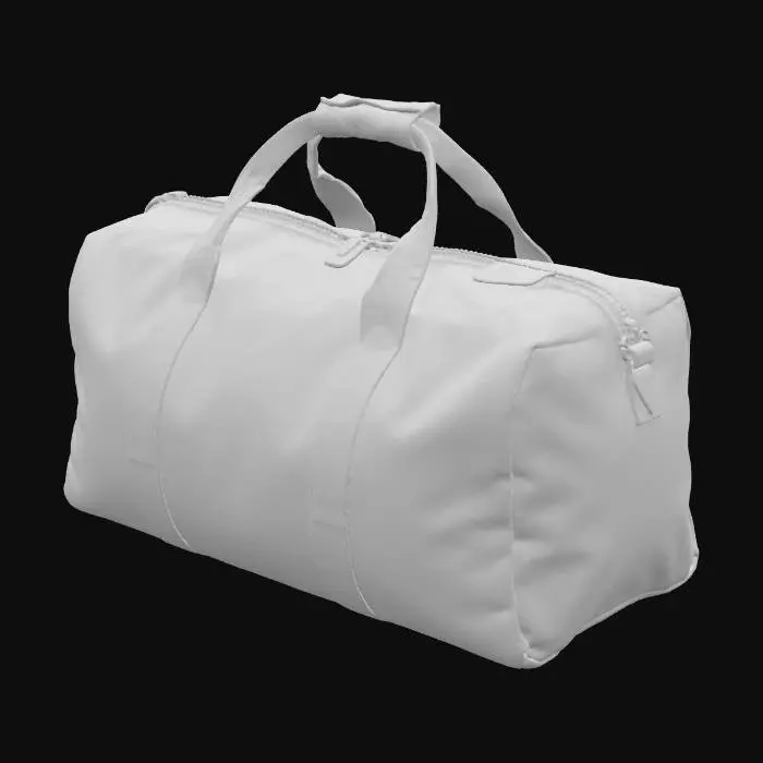 3D model for A utilitarian duffel bag, cylindrical in shape, crafted from tough, faded army green canvas. Its surface feels rough and durable, with a visible weave texture and signs of light scuffing. It has a single main zippered opening along the top and two robust canvas handles stitched securely. The material is dense and firm, designed to withstand heavy loads, feeling weighty and resilient.