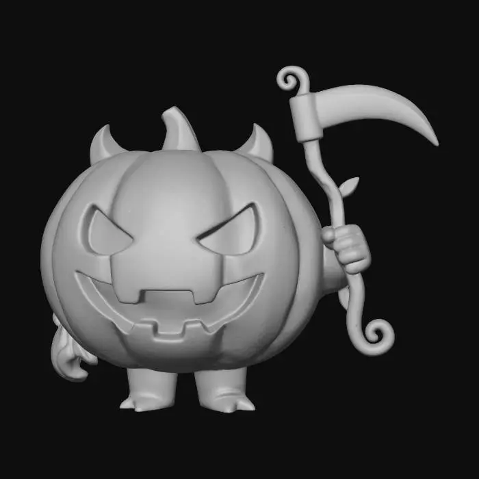3D model for Pop Mart style chibi pumpkin imp toy with oversized pumpkin mask, 
stubby arms holding a neon-green toy scythe. 
Glossy painted vinyl finish, 
round stylized proportions with toy-like cuteness.