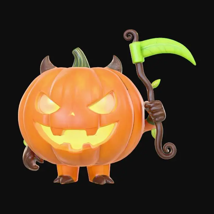 3D model for Pop Mart style chibi pumpkin imp toy with oversized pumpkin mask, 
stubby arms holding a neon-green toy scythe. 
Glossy painted vinyl finish, 
round stylized proportions with toy-like cuteness.