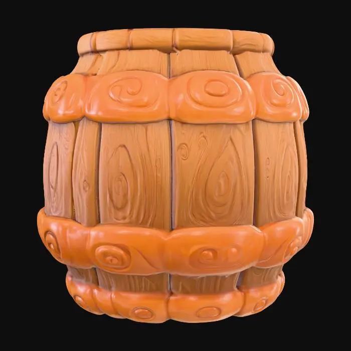 3D model for Chibi-stylized PBR 3D model of a wooden barrel reinforced with pumpkin rings.
Wood albedo gradient warm brown,
pumpkin rims orange gradient with stylized grooves,
roughness variation matte wood planks vs smoother pumpkin trim.