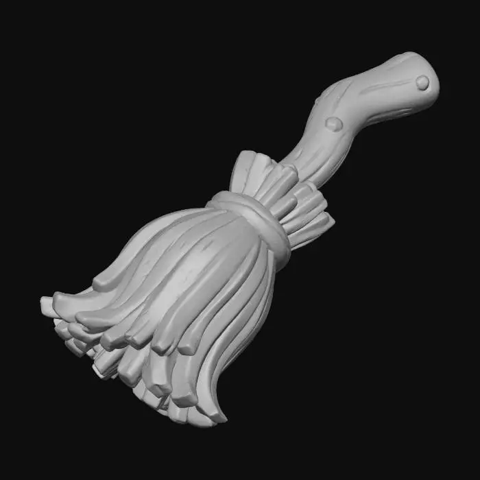 3D model for Clay-like stylized 3D model of a witch’s broom with chunky handle and simplified straw. 
Matte clay surface with subtle imperfections. 
Handle in gradient brown from light to deep wood tones, 
straw in golden yellow gradient with stylized blocky strands. 
Rendered with soft shadows and toy-like proportions.