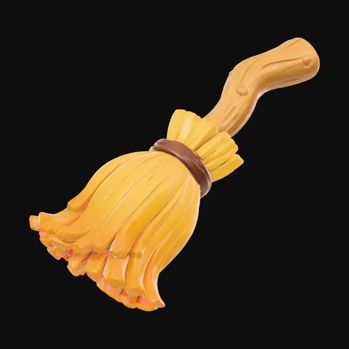 3D model for Clay-like stylized 3D model of a witch’s broom with chunky handle and simplified straw. 
Matte clay surface with subtle imperfections. 
Handle in gradient brown from light to deep wood tones, 
straw in golden yellow gradient with stylized blocky strands. 
Rendered with soft shadows and toy-like proportions.