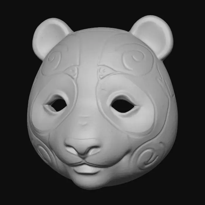 3D model for A vibrant, intricately carved wooden mask depicting a stylized panda, painted in a robust palette of ink black, pure white, and bamboo green. The wood texture is subtly visible beneath the matte, distressed paint finish, highlighting its distinctive eye patches and round features. Adorned with circular patterns around its face and powerful tribal lines along its calm expression, it exudes an ancient, peaceful aura.