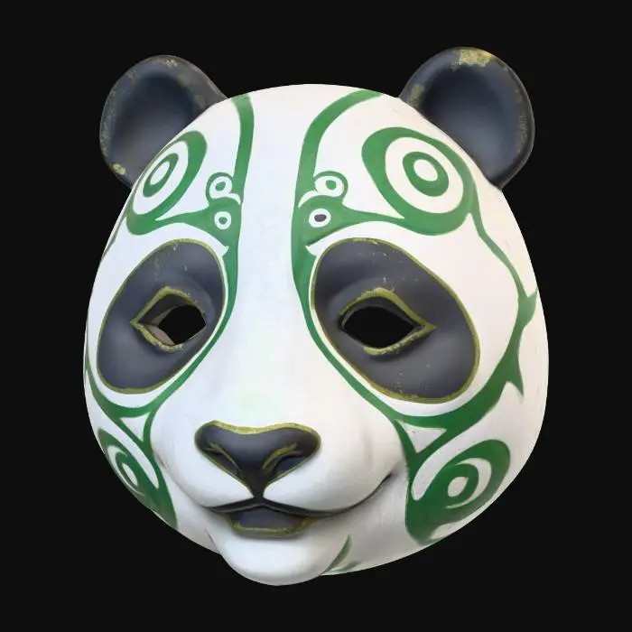 3D model for A vibrant, intricately carved wooden mask depicting a stylized panda, painted in a robust palette of ink black, pure white, and bamboo green. The wood texture is subtly visible beneath the matte, distressed paint finish, highlighting its distinctive eye patches and round features. Adorned with circular patterns around its face and powerful tribal lines along its calm expression, it exudes an ancient, peaceful aura.