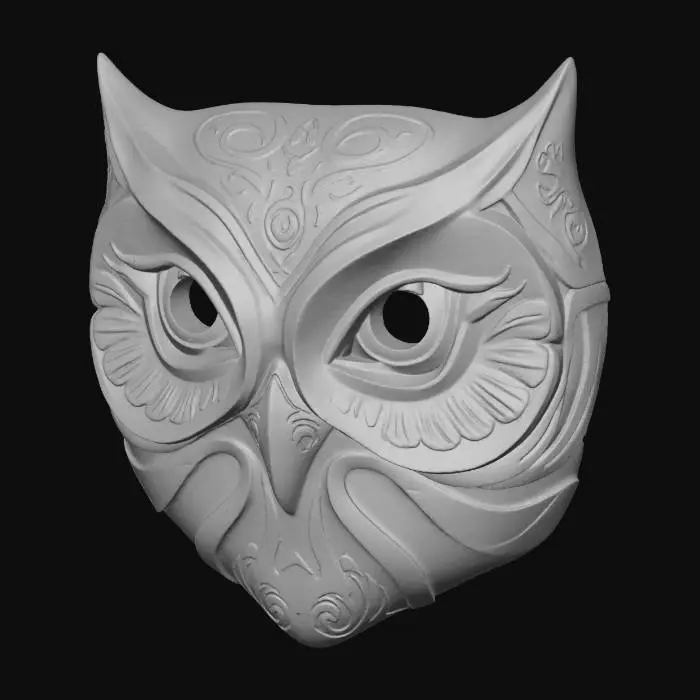 3D model for A vibrant, intricately carved wooden mask depicting a stylized owl, painted in a nocturnal palette of midnight blue, spectral white, and mossy green. The wood texture is subtly visible beneath the matte, distressed paint finish, highlighting the keen contours of its eyes and the elegant curve of its wings. Adorned with intricate feather detailing around the eyes and swirling celestial patterns along its facial contours, it exudes an ancient, wise aura.