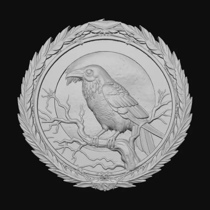 3D model for #Halloween2025#, A painting depicts a raven perched on a gnarled, leafless tree branch silhouetted against a blood-red moon. From the raven's eye, a single, glowing red orb, textured with a pulsating, vein-like pattern, protrudes subtly, casting an eerie light. This unsettling scene is encircled by an intricately sculpted frame of blackened steel, adorned with sharp, stylized crow feathers and interwoven with delicate, razor-thin barbed wire patterns.