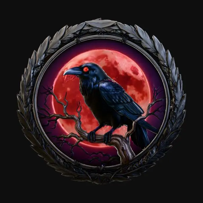 3D model for #Halloween2025#, A painting depicts a raven perched on a gnarled, leafless tree branch silhouetted against a blood-red moon. From the raven's eye, a single, glowing red orb, textured with a pulsating, vein-like pattern, protrudes subtly, casting an eerie light. This unsettling scene is encircled by an intricately sculpted frame of blackened steel, adorned with sharp, stylized crow feathers and interwoven with delicate, razor-thin barbed wire patterns.