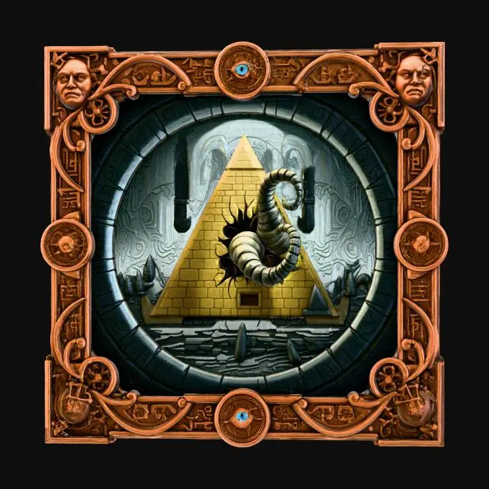 3D model for #Halloween2025#, A dramatic painting shows a vast, labyrinthine underground structure, its walls covered in cryptic carvings and a single, immense, glowing pyramid. From a crack in this central pyramid, a pulsating, organic metallic tentacle, gleaming with an oily sheen, pushes violently through the canvas, its tip adorned with a small, stylized eye. The frame is a masterpiece of oxidized copper, intricately detailed with spiraling alchemical symbols, clockwork gears, and unsettling, half-hidden faces. #halloween2025#