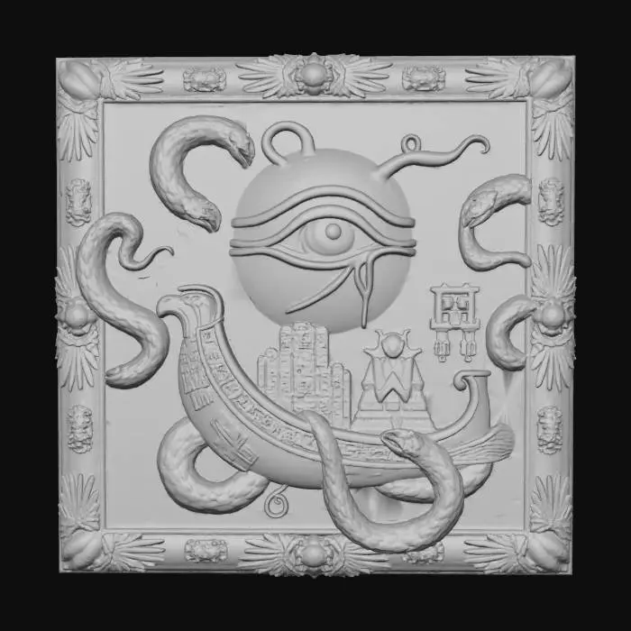 3D model for #Halloween2025#, A dramatic painting shows a cosmic void, where the sun god Ra's celestial barge sails across the heavens, threatened by serpentine darkness. From the fiery solar disk depicted above Ra's falcon head, a single, intensely glowing eye, appearing to be made of solidified light, pushes forward from the canvas, radiating an immense, silent power. The frame is a gleaming, burnished gold, intricately detailed with sunburst motifs, winged scarabs, and cartouches bearing the names of ancient deities. #halloween2025#