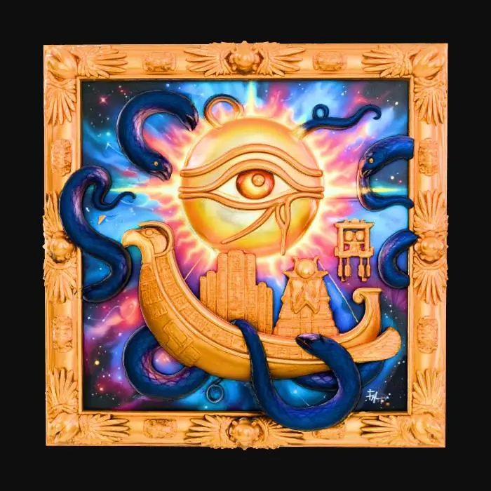 3D model for #Halloween2025#, A dramatic painting shows a cosmic void, where the sun god Ra's celestial barge sails across the heavens, threatened by serpentine darkness. From the fiery solar disk depicted above Ra's falcon head, a single, intensely glowing eye, appearing to be made of solidified light, pushes forward from the canvas, radiating an immense, silent power. The frame is a gleaming, burnished gold, intricately detailed with sunburst motifs, winged scarabs, and cartouches bearing the names of ancient deities. #halloween2025#