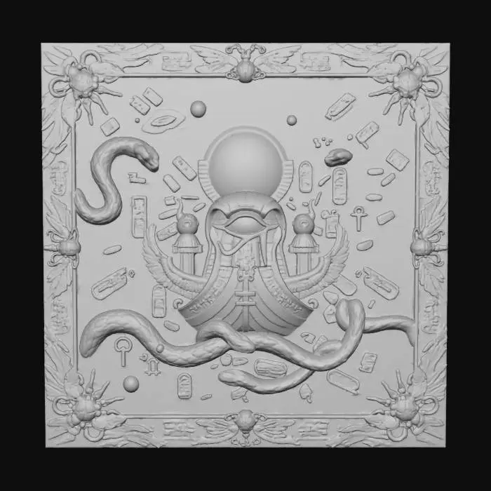 3D model for #Halloween2025#, A dramatic painting shows a cosmic void, where the sun god Ra's celestial barge sails across the heavens, threatened by serpentine darkness. From the fiery solar disk depicted above Ra's falcon head, a single, intensely glowing eye, appearing to be made of solidified light, pushes forward from the canvas, radiating an immense, silent power. The frame is a gleaming, burnished gold, intricately detailed with sunburst motifs, winged scarabs, and cartouches bearing the names of ancient deities. #halloween2025#