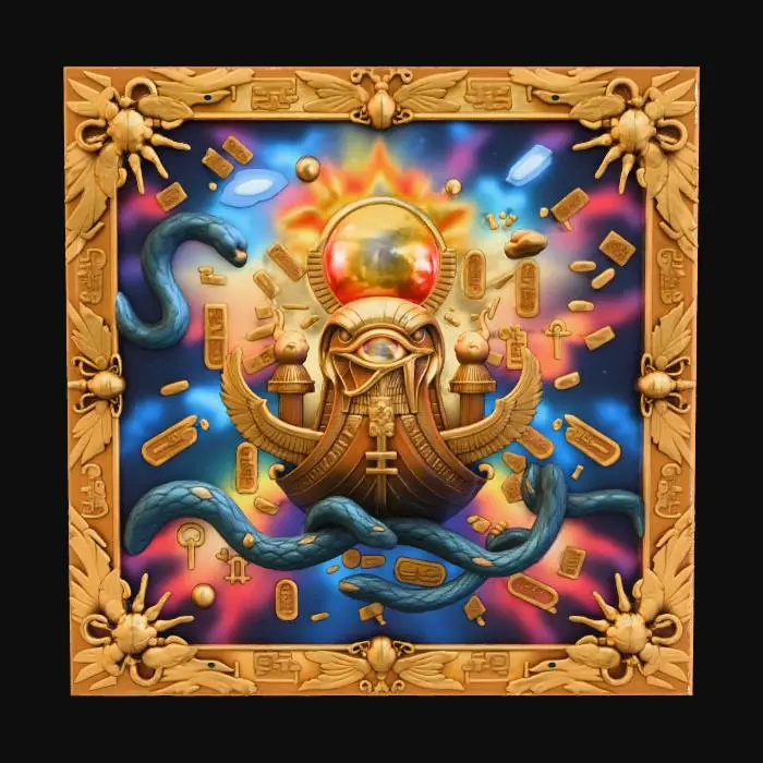 3D model for #Halloween2025#, A dramatic painting shows a cosmic void, where the sun god Ra's celestial barge sails across the heavens, threatened by serpentine darkness. From the fiery solar disk depicted above Ra's falcon head, a single, intensely glowing eye, appearing to be made of solidified light, pushes forward from the canvas, radiating an immense, silent power. The frame is a gleaming, burnished gold, intricately detailed with sunburst motifs, winged scarabs, and cartouches bearing the names of ancient deities. #halloween2025#