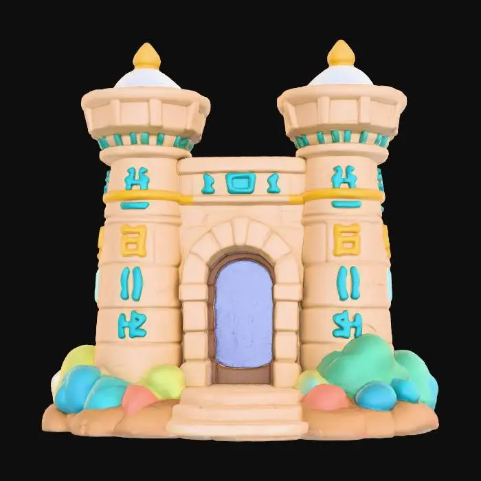 3D model for A cute, stylized 3D render of a chibi Temple Gate (Pylon), designed with a rounded, inviting clay aesthetic and rich colors. The twin towers are a matte light beige, with textured surfaces, adorned with simplified, chunky hieroglyphs in matte deep blue, light teal, and golden-yellow. A central, rounded doorway offers a welcoming entrance, all under soft, even lighting.