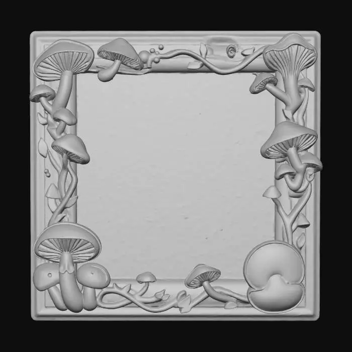 3D model for A square plane sign made of polished metal, with mushroom themed details around the edges and frame. use the reference image for the mushroom colors