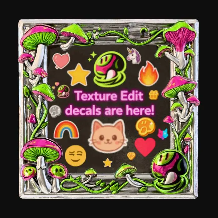 3D model for A square plane sign made of polished metal, with mushroom themed details around the edges and frame. use the reference image for the mushroom colors