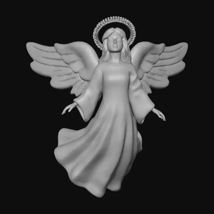 3D model for A graceful Christmas angel ornament, depicted mid-flight. Her flowing gown is sculpted from polished silver, radiating a cool, celestial glow. Her delicate wings are formed from intricately veined frosted glass, giving the appearance of ethereal ice. A halo of tiny, sparkling white diamonds encircles her head, completing her radiant form. The angel possesses a serene structure, combining the smooth coolness of metal with the soft, diffused light of frosted glass. #Christmas2025#