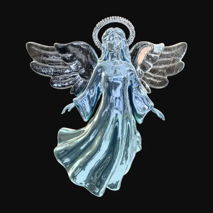 3D model for A graceful Christmas angel ornament, depicted mid-flight. Her flowing gown is sculpted from polished silver, radiating a cool, celestial glow. Her delicate wings are formed from intricately veined frosted glass, giving the appearance of ethereal ice. A halo of tiny, sparkling white diamonds encircles her head, completing her radiant form. The angel possesses a serene structure, combining the smooth coolness of metal with the soft, diffused light of frosted glass. #Christmas2025#