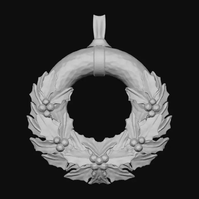 3D model for A festive Christmas wreath ornament, circular and lush. The base structure is a ring of polished bronze, with a slightly rustic appeal. Adorning the bronze are sculpted holly leaves made from deep green frosted glass, evoking a wintery sheen. Interspersed among the leaves are clusters of small, deep red ruby gemstones, resembling vibrant berries. This wreath has a substantial feel, with a rich blend of metallic luster and softly glowing, icy glass textures. #Christmas2025#