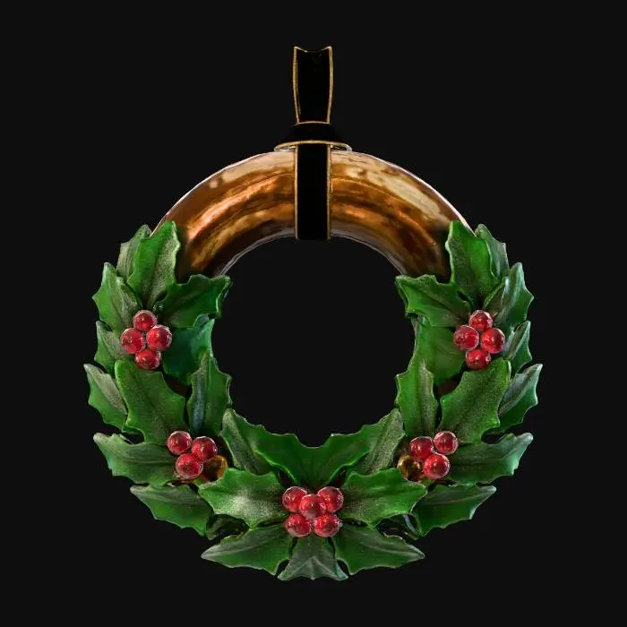 3D model for A festive Christmas wreath ornament, circular and lush. The base structure is a ring of polished bronze, with a slightly rustic appeal. Adorning the bronze are sculpted holly leaves made from deep green frosted glass, evoking a wintery sheen. Interspersed among the leaves are clusters of small, deep red ruby gemstones, resembling vibrant berries. This wreath has a substantial feel, with a rich blend of metallic luster and softly glowing, icy glass textures. #Christmas2025#