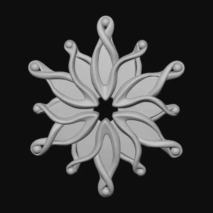 3D model for A fantastical snowflake ornament, uniquely shaped with asymmetric arms. Each arm is forged from polished titanium, providing a modern, silvery-grey sheen. The intricate voids within the snowflake are delicately filled with thin layers of frosted glass, capturing and diffusing light like true ice crystals. At the terminus of alternating arms, small, eye-catching Meshy Lime green gemstones (RGB 197, 249, 85) and Meshy Pink fuchsia gemstones (RGB 255, 62, 143) provide a vibrant, unexpected pop of color. #Christmas2025#